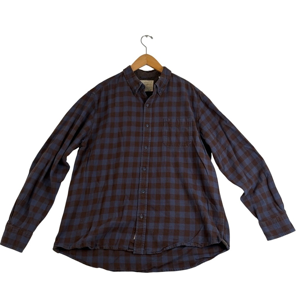 Weatherproof Vintage Mens XL Flannel Shirt Navy Brown Buffalo Plaid Button Down